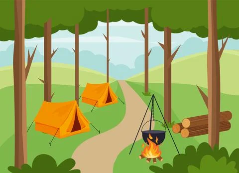 Camping with a tent in nature with a fire. Vector illustration in flat style Stock Illustration