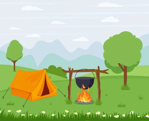 Camping with a tent in nature with a fire. Vector illustration in flat style Illustrazione stock
