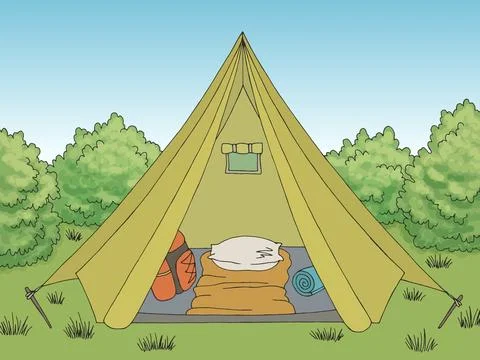 Camping tent open interior graphic color landscape sketch illustration vector Stock Illustration