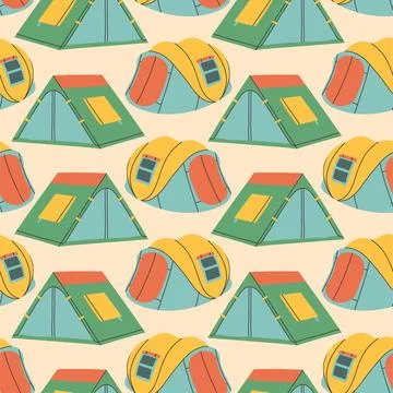Camping tent seamless pattern on beige background. Summer camp pattern design in Stock Illustration