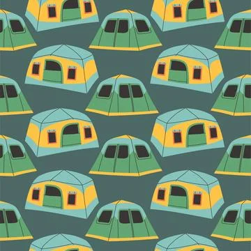 Camping tent seamless pattern on dark blue background. Summer camp pattern Illustrazione stock