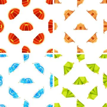 Camping tent seamless pattern showing red, blue and green tents for tourism and Иллюстрация