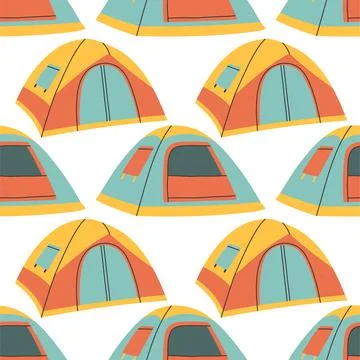 Camping tent seamless pattern on white background. Summer camp pattern design in Stock Illustration