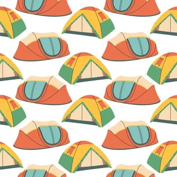 Camping tent seamless pattern on white background. Summer camp pattern design in Stock Illustration