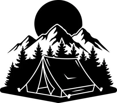 Camping Tent Silhouette with Pine Forest and Mountains Stock Illustration