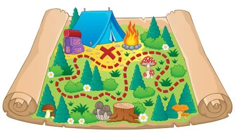 Camping theme map image - illustration. Illustrazione stock