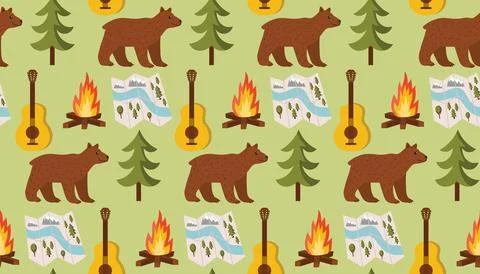 Camping theme seamless pattern with brown bear, campfire, road map, spruce .. 스톡 일러스트