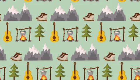Camping theme seamless pattern with mountains, campfire, hiking boots, spru.. Stock Illustration