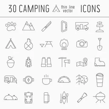 Camping Thin Line Icon Set of Adventure Elements Stock Illustration