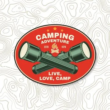 Camping time patch, sticker. Live, love, camp. Outdoor adventure. Vector il.. Stock Illustration