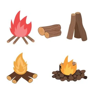Camping Tool Elements Set of Bonfire Campfire Wood Hot Fire Flame Stock Illustration