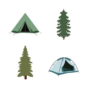 Camping Tool Elements Set of Camp Tent Pine Fir Conifer Tree 스톡 일러스트