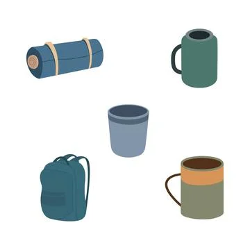 Camping Tool Elements Set of Cup Mug Glass Backpack Mat 스톡 일러스트