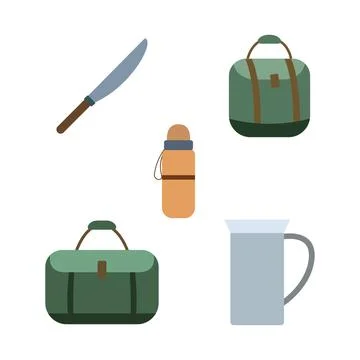 Camping Tool Elements Set of Knife Hand Bag Thermos Teapot Jug Stock Illustration