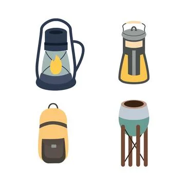 Camping Tool Elements Set of Lantern Backpack Bag Pot Illustrazione stock