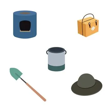 Camping Tool Elements Set of Stove Medicine Box Bucket Shovel Hat Illustrazione stock