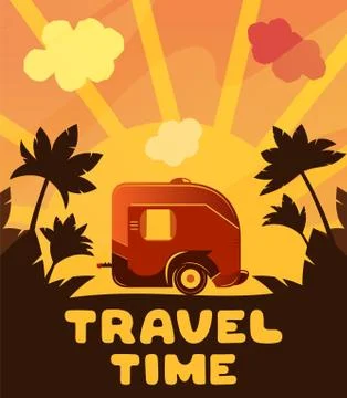 Camping trailer on orange sunset background with palm trees. Travel illustration 스톡 일러스트