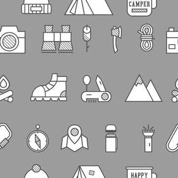 Camping, travel seamless pattern with thin line icon style, flat design イラスト素材