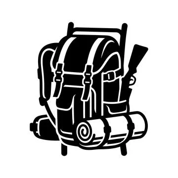 Camping trip adventure backpack with survival gear silhouette icon illustrati Иллюстрация