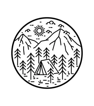 Camping under the mountains in mono line art ,badge patch pin t-shirt design Stock Illustration