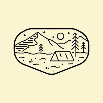 Camping under the mountains in mono line art Stock Illustration