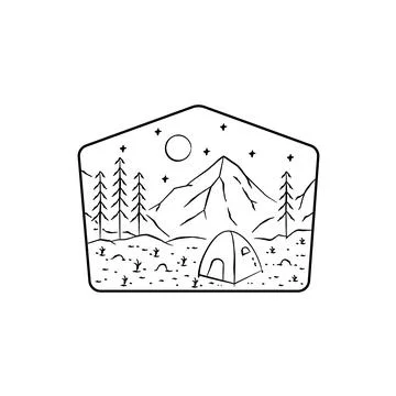 Camping under a starry sky in mono line art, badge vector, pin, T-shirt art,  Stock Illustration