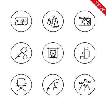 Camping. Universal icons set. Vector. Thin line. Stock Illustration