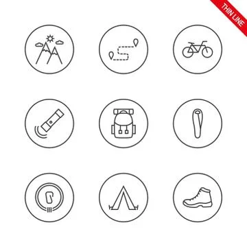 Camping. Universal icons set. Vector. Thin line. Stock Illustration