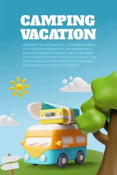 Camping vacation 3D cartoon vector poster, baggage and surfboard on the van roof Stock Illustration
