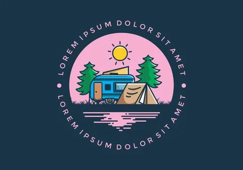 Camping van and tent between pine trees illustration Illustrazione stock