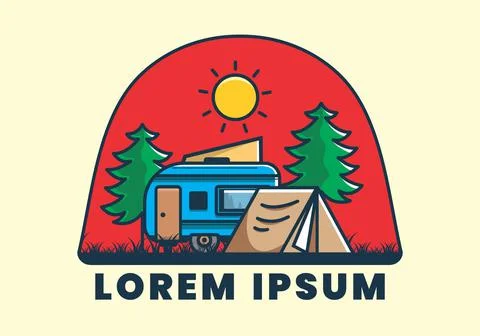 Camping van and tent between pine trees illustration Stock Illustration