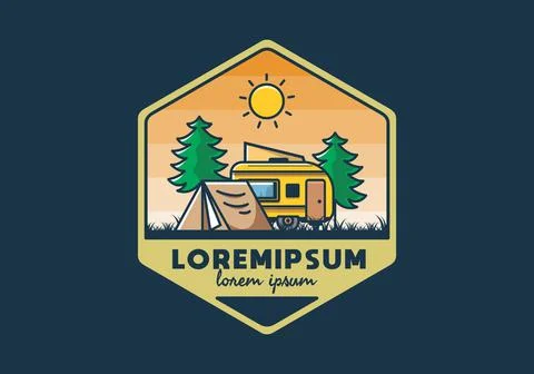 Camping van and tent between pine trees illustration Illustrazione stock