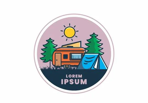 Camping van and tent between pine trees illustration Stock Illustration