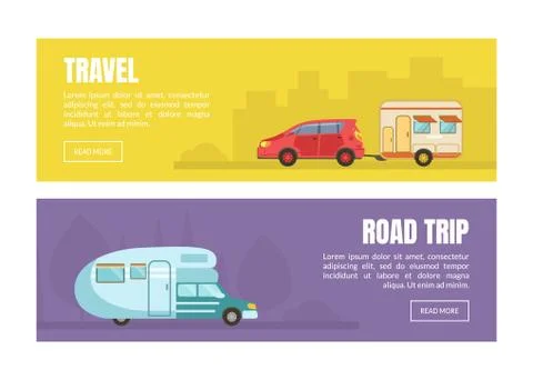 Camping Van for Travelling and Relocation Web Page and Banner Vector Template Stock Illustration