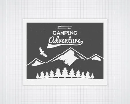 Camping vector frame template with travel poster. Retro outdoor style Stock Illustration
