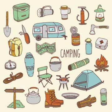 Camping vector hand drawn colorful icon set Stock Illustration
