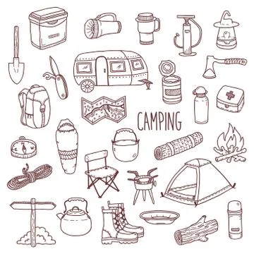 Camping vector hand drawn contour icon set Stock Illustration