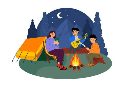 Camping Vector Illustration Featuring Friends Gathering Around a Campfire, .. Stock Illustration