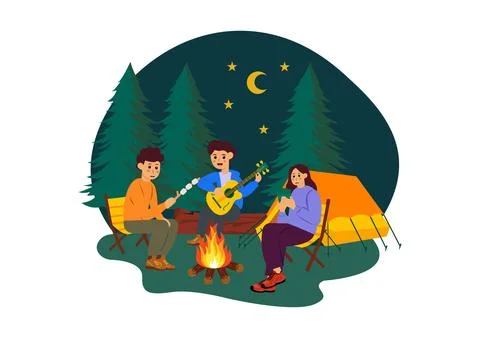 Camping Vector Illustration Featuring Friends Gathering Around a Campfire, .. Stock Illustration
