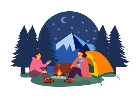 Camping Vector Illustration Featuring Friends Gathering Around a Campfire, .. Stock Illustration