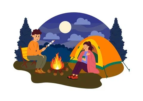 Camping Vector Illustration Featuring Friends Gathering Around a Campfire, .. Stock Illustration