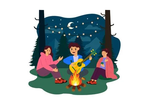 Camping Vector Illustration Featuring Friends Gathering Around a Campfire, .. Stock Illustration