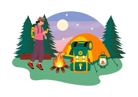 Camping Vector Illustration Featuring Friends Gathering Around a Campfire, .. Stock Illustration