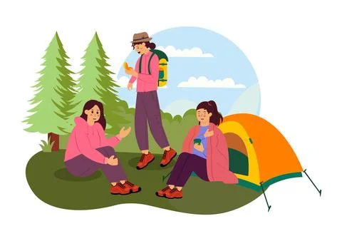 Camping Vector Illustration Featuring Friends Gathering Around a Campfire, .. Stock Illustration