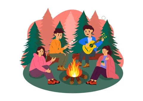 Camping Vector Illustration Featuring Friends Gathering Around a Campfire, .. Stock Illustration
