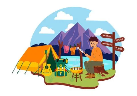 Camping Vector Illustration Featuring Friends Gathering Around a Campfire, .. Stock Illustration