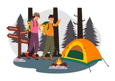 Camping Vector Illustration Featuring Friends Gathering Around a Campfire, .. Stock Illustration