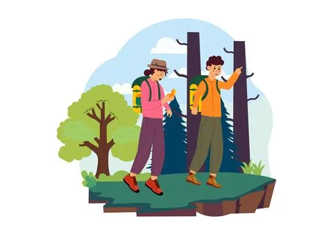 Camping Vector Illustration Featuring Friends Gathering Around a Campfire, .. Stock Illustration