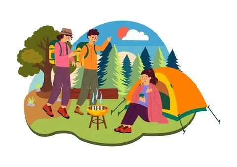 Camping Vector Illustration Featuring Friends Gathering Around a Campfire, .. Stock Illustration