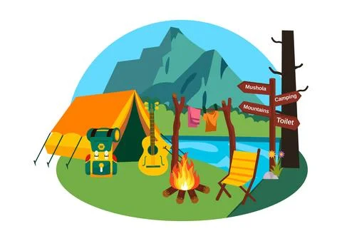 Camping Vector Illustration Featuring Friends Gathering Around a Campfire, .. Stock Illustration